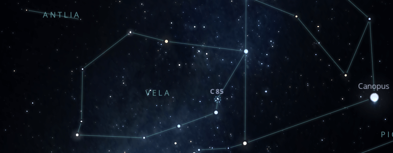 The shape and the main stars of Vela constellation alongside the neighboring constellations in outer space.