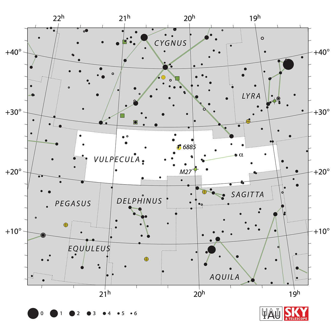 The location of the Vulpecula Constellation is displayed in a star map by IAU from the Sky & Telescope magazine.