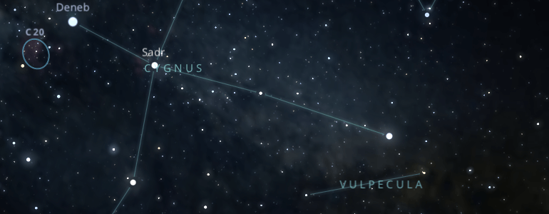 The shape and the main stars of Vulpecula constellation alongside the neighboring constellations in outer space.