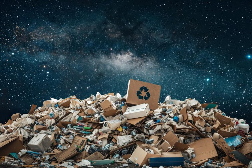 A pile of waste with the night sky behind it