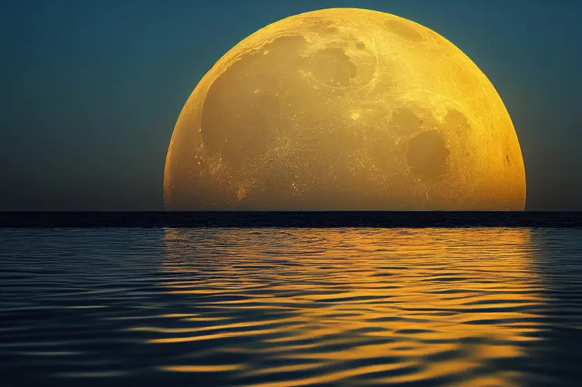 A yellow glowing Moon setting and reflecting in the water